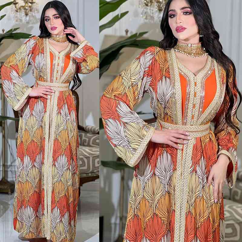 Ensemble 2 pièces Hotfix strass imprimé caftan Jalabiya Kaftan robe avec doublure intérieure robe