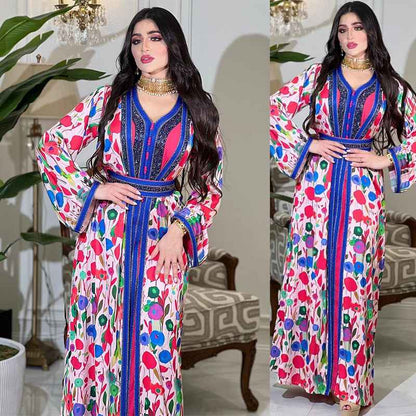 Ensemble 2 pièces Hotfix strass imprimé caftan Jalabiya Kaftan robe avec doublure intérieure robe