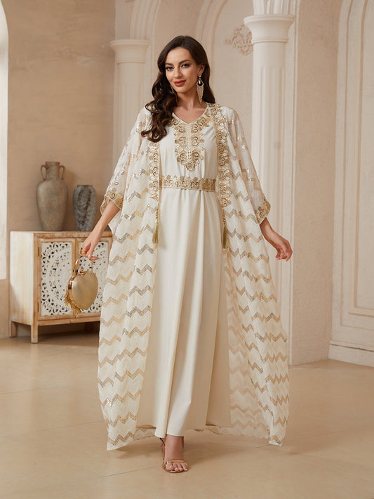 Eid 2 Pieces Set Embroidery Sequins Kaftan Caftan Dress With Inner Sleeveless Dress #26174