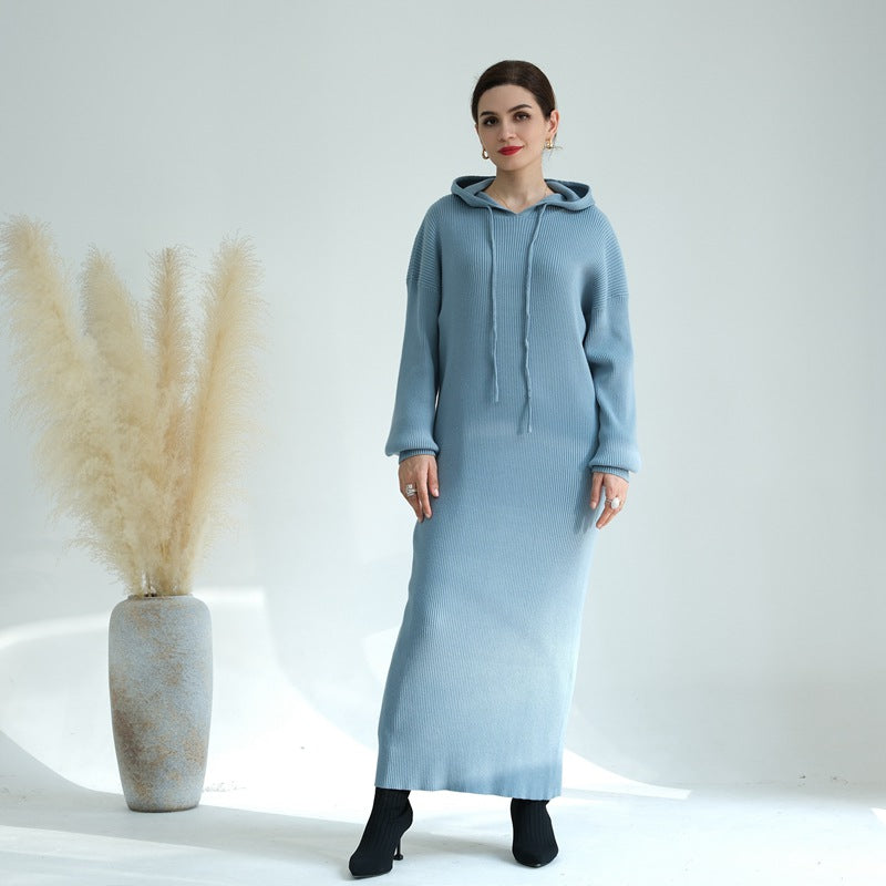 Robe Abaya en coton mélangé épais avec capuche pour femme musulmane, idéale pour l'hiver et l'automne