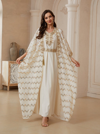 Eid 2 Pieces Set Embroidery Sequins Kaftan Caftan Dress With Inner Sleeveless Dress #26174