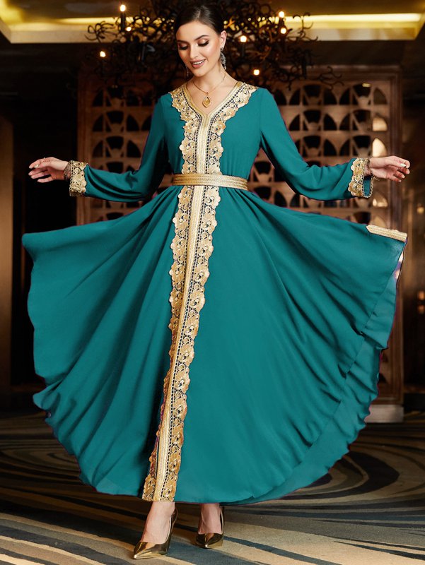 Robe caftan arabe double épaisseur en mousseline de soie et dentelle brodée pour femme