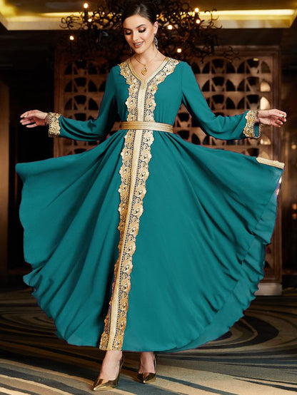 Robe caftan arabe double épaisseur en mousseline de soie et dentelle brodée pour femme