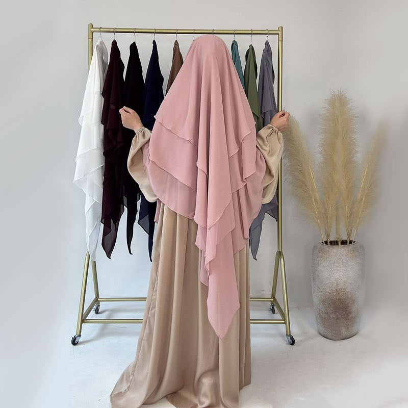Khimar long en mousseline à 3 couches, 11 options de couleurs