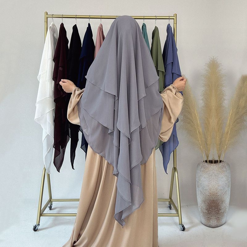 Khimar long en mousseline à 3 couches, 11 options de couleurs
