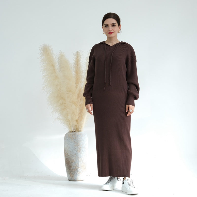 Robe Abaya en coton mélangé épais avec capuche pour femme musulmane, idéale pour l'hiver et l'automne