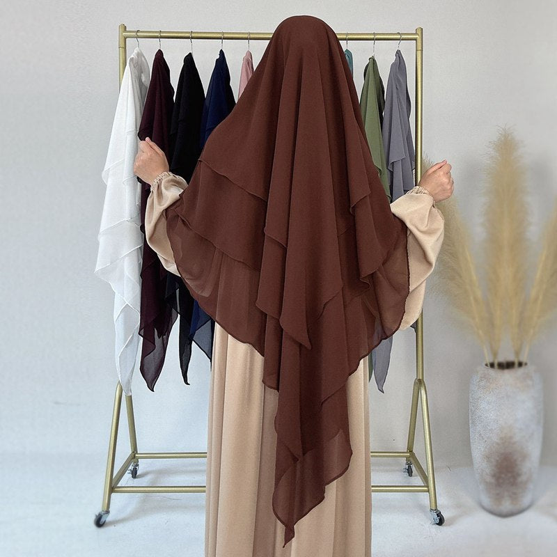 Khimar long en mousseline à 3 couches, 11 options de couleurs