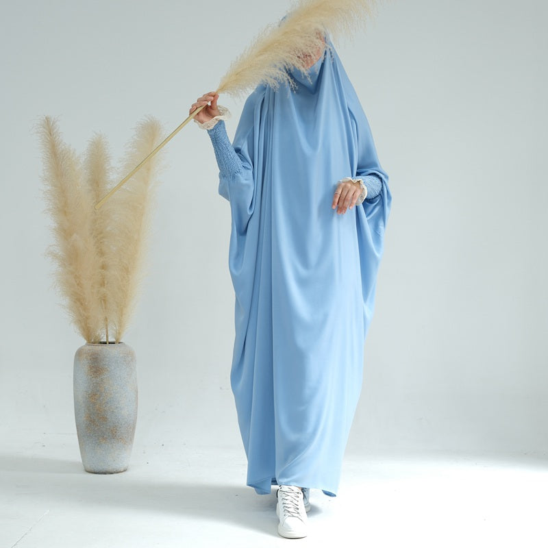 Robe de prière jilbab abaya à volants avec poignets en dentelle satinée