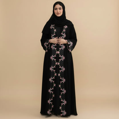 Embroidered Lace Open Abaya Dress For Women - Black - #26M275