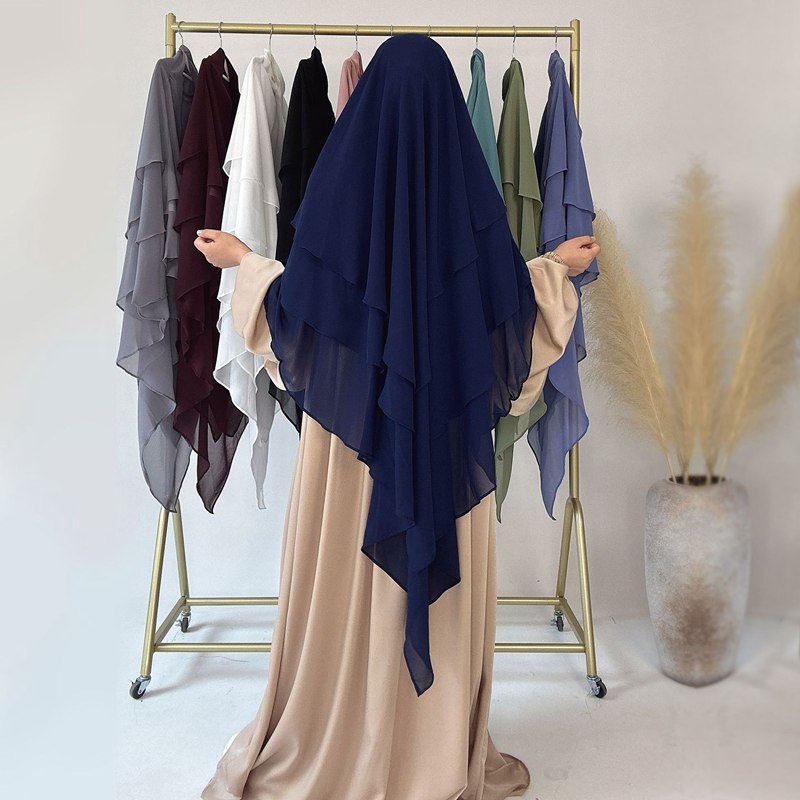 Khimar long en mousseline à 3 couches, 11 options de couleurs