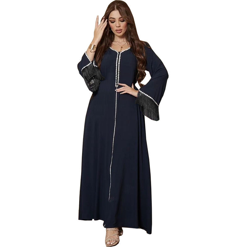 Robe caftan abaya à pompons et strass pour femme