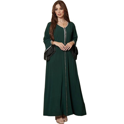 Robe caftan abaya à pompons et strass pour femme