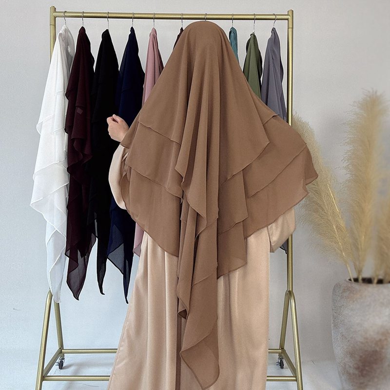 Khimar long en mousseline à 3 couches, 11 options de couleurs