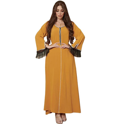 Robe caftan abaya à pompons et strass pour femme