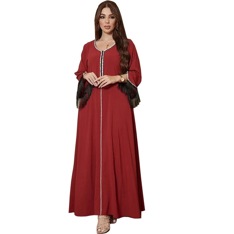 Robe caftan abaya à pompons et strass pour femme