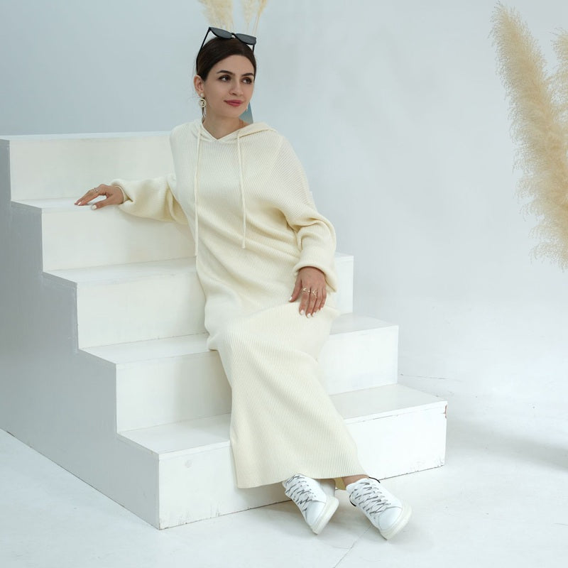 Robe Abaya en coton mélangé épais avec capuche pour femme musulmane, idéale pour l'hiver et l'automne