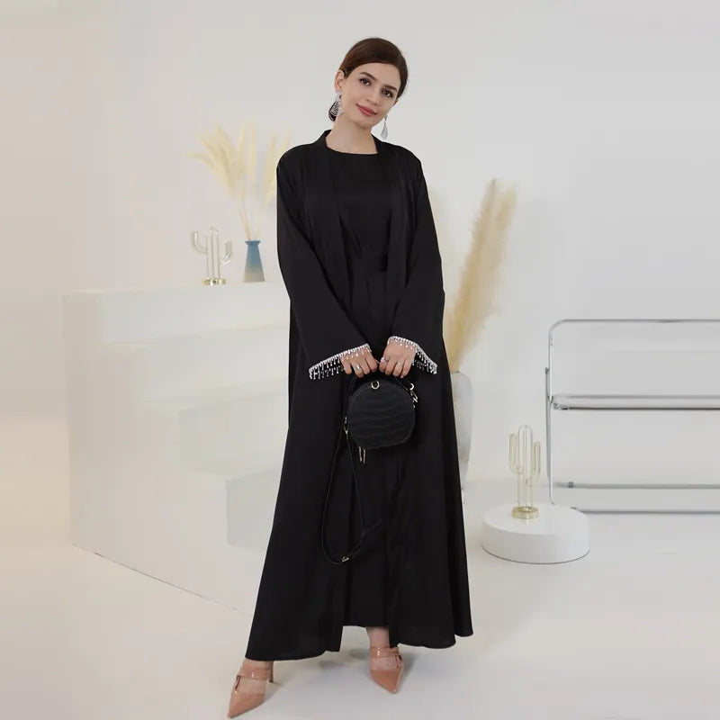 Robe Abaya ouverte en satin à manches perlées pour femmes musulmanes, tenue de célébration de l'Aïd