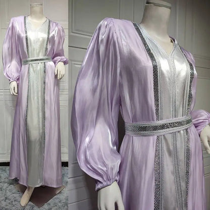 Ensemble 2 pièces pour l'Aïd, robe abaya ouverte en satin strass, avec robe abaya extérieure et robe sans manches intérieure