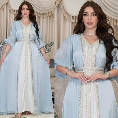 Ensemble 2 pièces pour l'Aïd, robe abaya ouverte en satin strass, avec robe abaya extérieure et robe sans manches intérieure