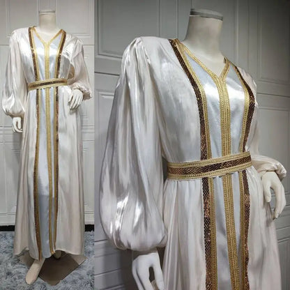 Ensemble 2 pièces pour l'Aïd, robe abaya ouverte en satin strass, avec robe abaya extérieure et robe sans manches intérieure