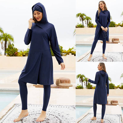 Maillot de bain musulman 3 pièces à capuche, ensemble de bain halal, couverture complète, hijab islamique, burkini