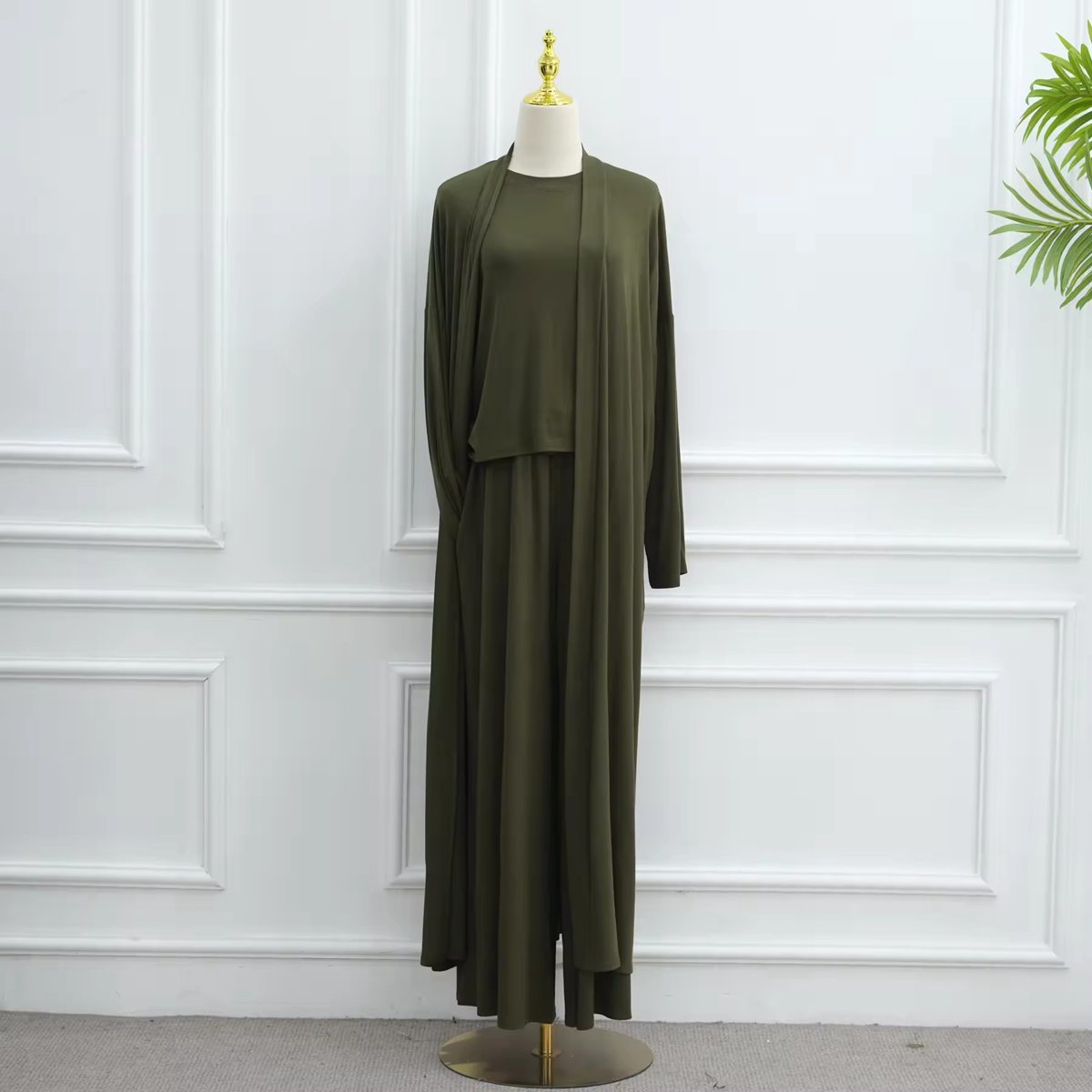 Muslim Women 3 Pieces Set Modal Tops And Pants Suit Set With Open Abaya Dress #251076