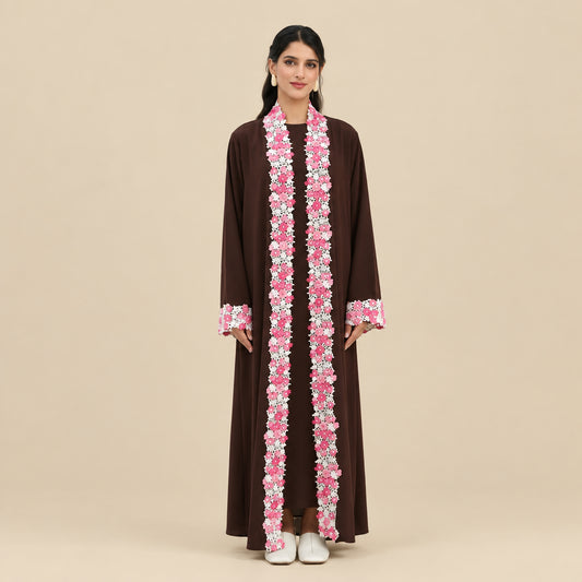 Muslim Women Floral Embroidery Nida Open Abaya Dress #261383