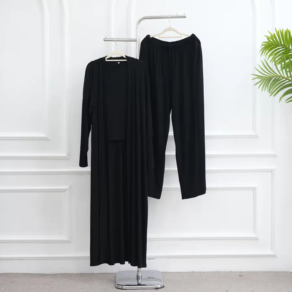 Muslim Women 3 Pieces Set Modal Tops And Pants Suit Set With Open Abaya Dress #251076