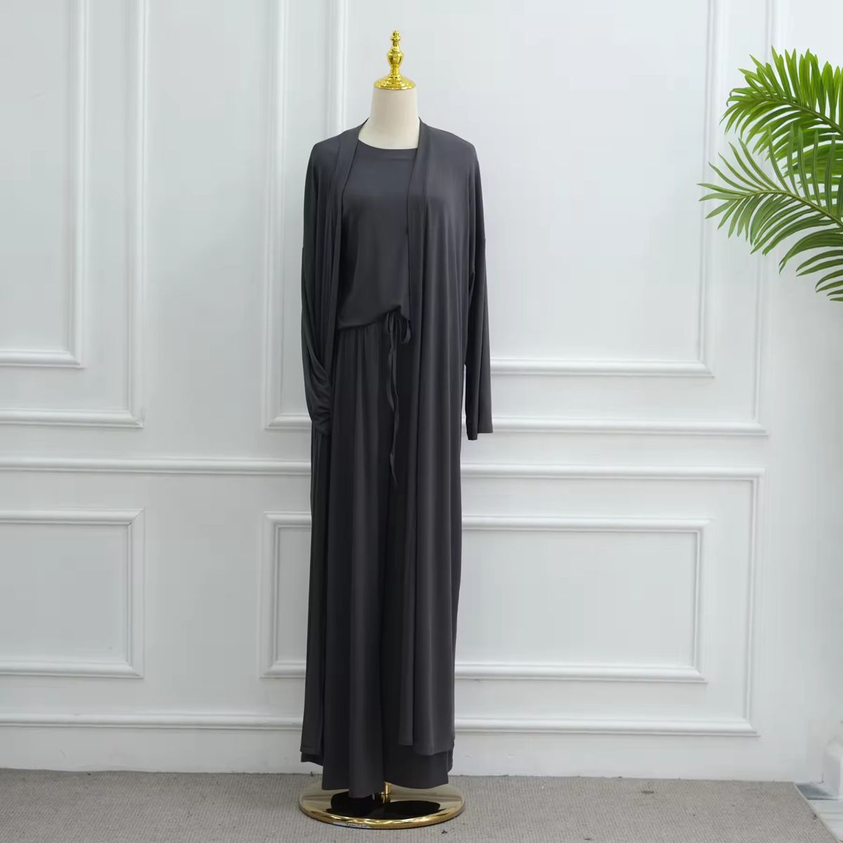 Muslim Women 3 Pieces Set Modal Tops And Pants Suit Set With Open Abaya Dress #251076