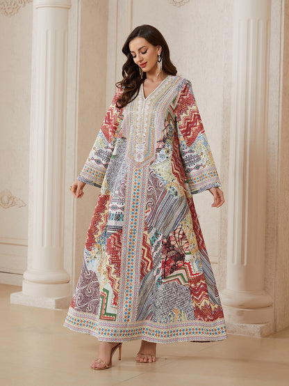 Hotfix Rhinestones Printed Jacquard Caftan Kaftan Dress For Women - Mukhawar Jalabiya Eid Dress -  #26N01