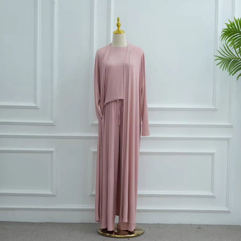 Muslim Women 3 Pieces Set Modal Tops And Pants Suit Set With Open Abaya Dress #251076