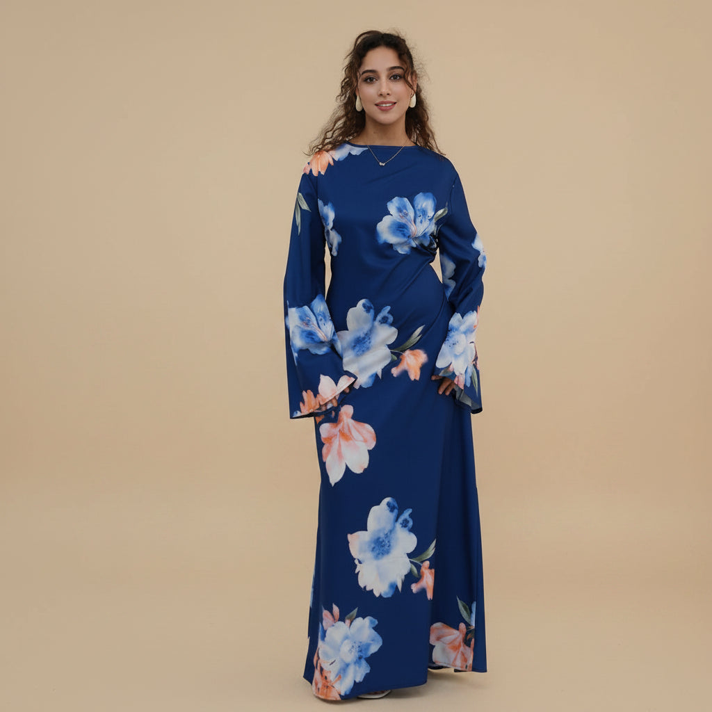 Muslim Women Printed Wrinkle Abaya Dress With Inner Belt #261358