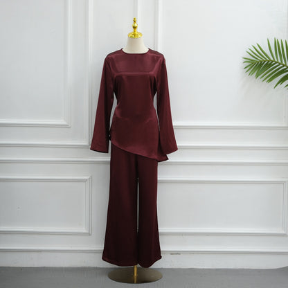Muslim Women Daily Wear Satin 2 Pieces Tops And Pants Suit Set #261342