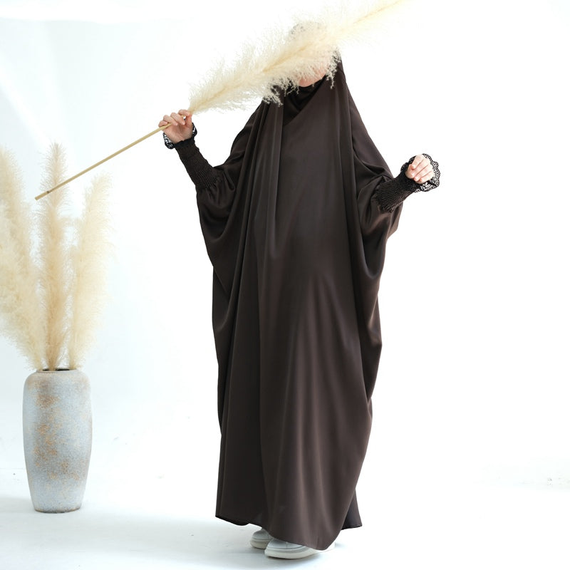 Robe de prière jilbab abaya à volants avec poignets en dentelle satinée
