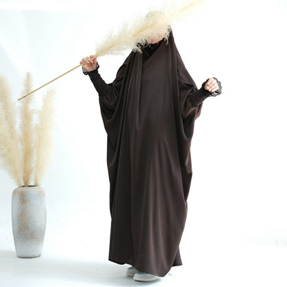Robe de prière jilbab abaya à volants avec poignets en dentelle satinée