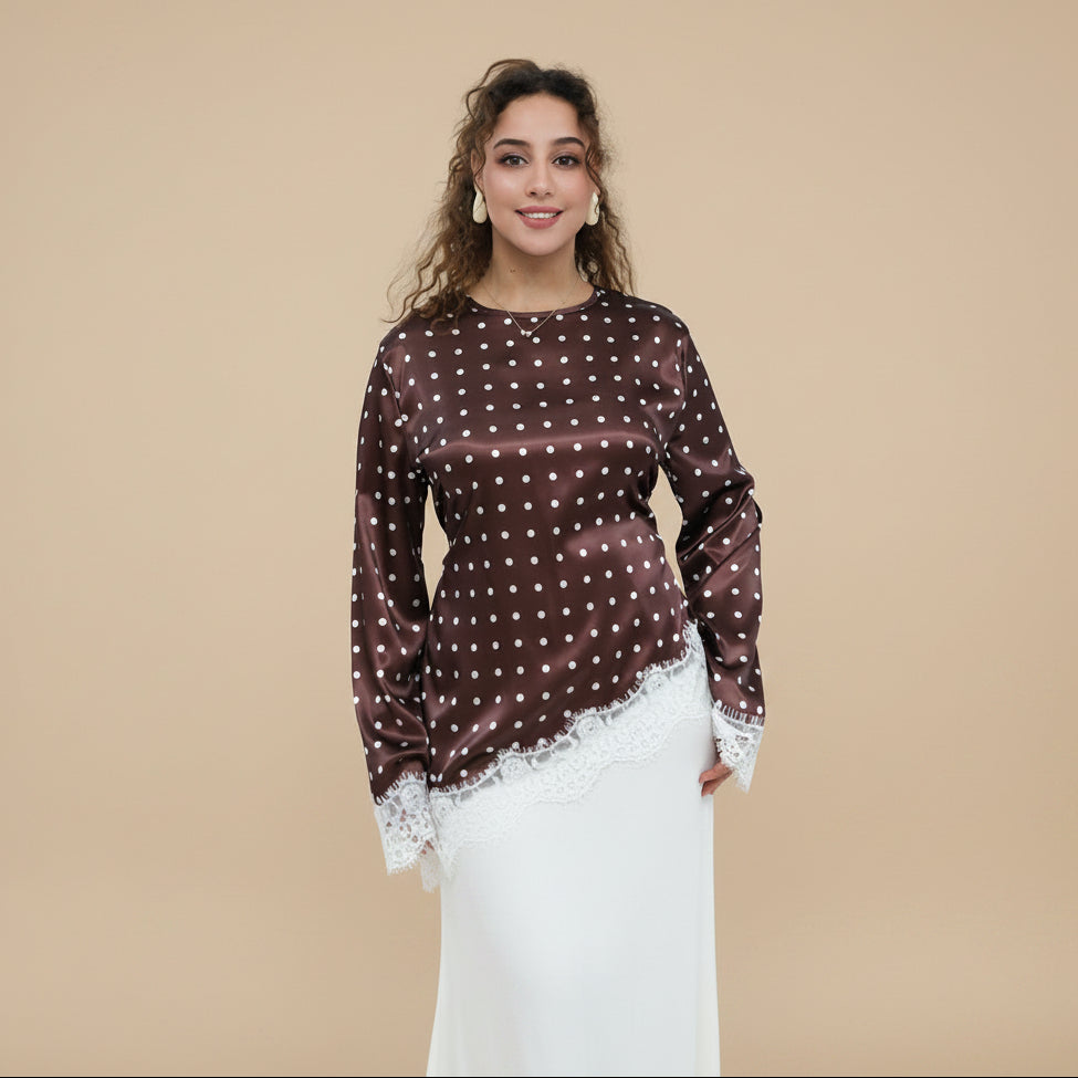 Muslim Women Polka Dot Printed Lace Tops And Pant #261357