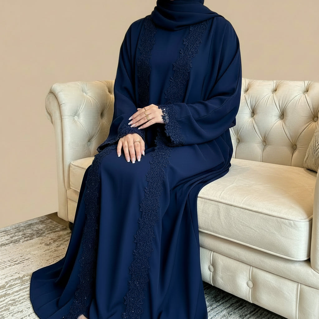 3 Pieces Set Lace Open Abaya Dress - With Inner Sleeveless Abaya Dress And A Matching Hijab - #261191