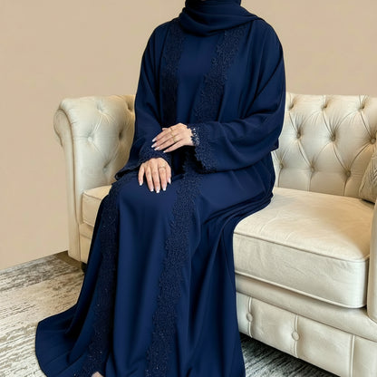 3 Pieces Set Lace Open Abaya Dress - With Inner Sleeveless Abaya Dress And A Matching Hijab - #261191