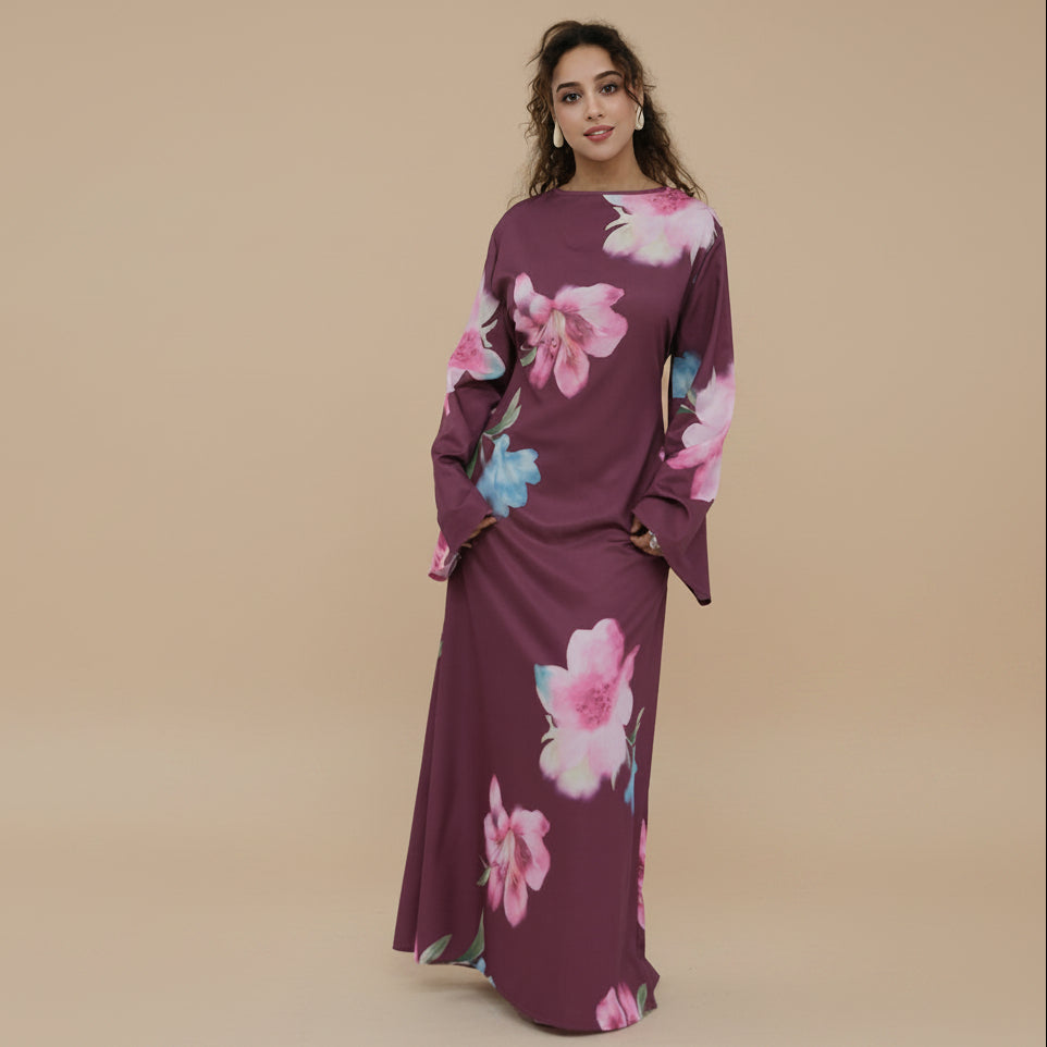 Muslim Women Printed Wrinkle Abaya Dress With Inner Belt #261358