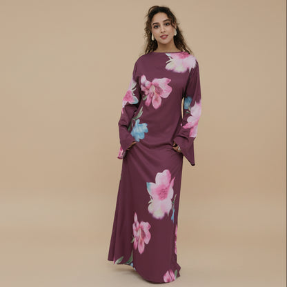 Muslim Women Printed Wrinkle Abaya Dress With Inner Belt #261358
