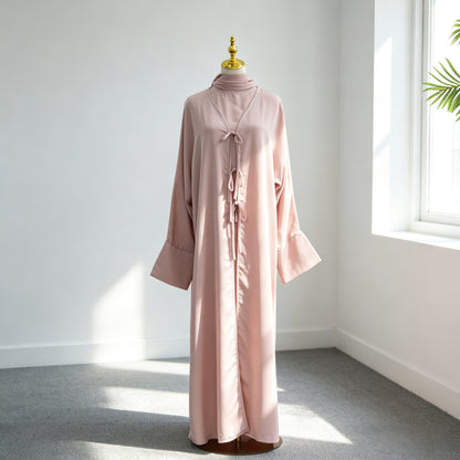 3 Pieces Set Nida Open Abaya Dress With Inner Sleeveless Dress And Matching Hijab #261201