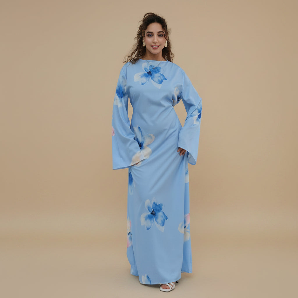 Muslim Women Printed Wrinkle Abaya Dress With Inner Belt #261358