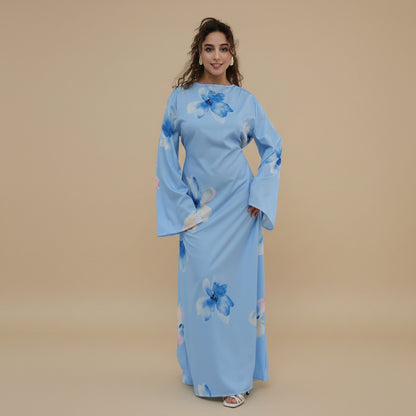 Muslim Women Printed Wrinkle Abaya Dress With Inner Belt #261358