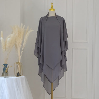 Khimar long en mousseline à 3 couches, 11 options de couleurs