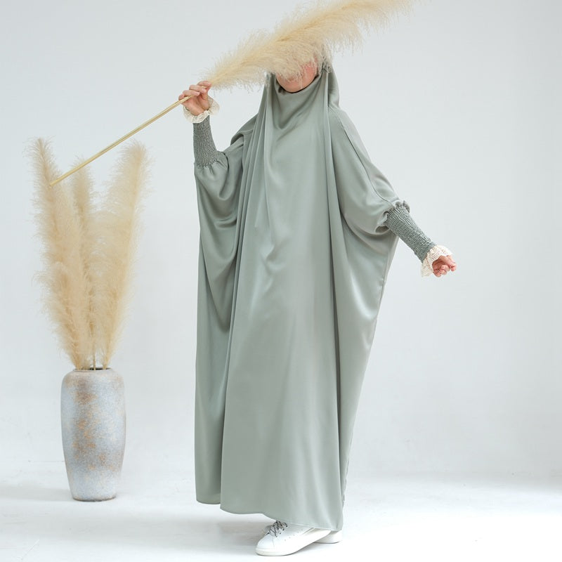Robe de prière jilbab abaya à volants avec poignets en dentelle satinée