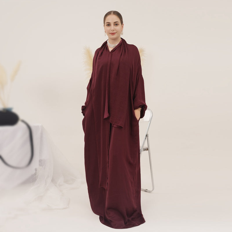 13 Color Options Solid Color Abaya Dress With Hijab Scarf One Piece