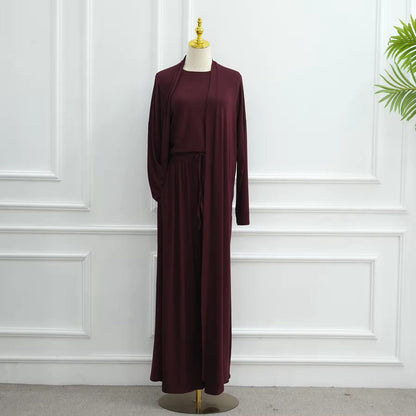 Muslim Women 3 Pieces Set Modal Tops And Pants Suit Set With Open Abaya Dress #251076