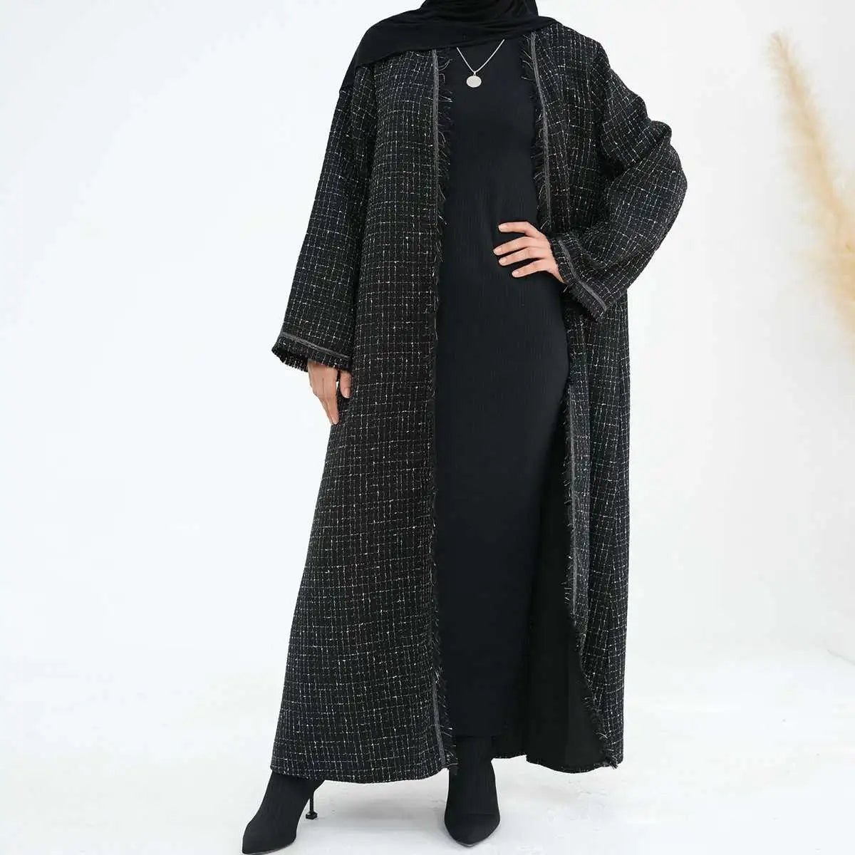 Cardigan en tweed épais à pompons pour l'hiver et l'automne, manteau ouvert Abaya