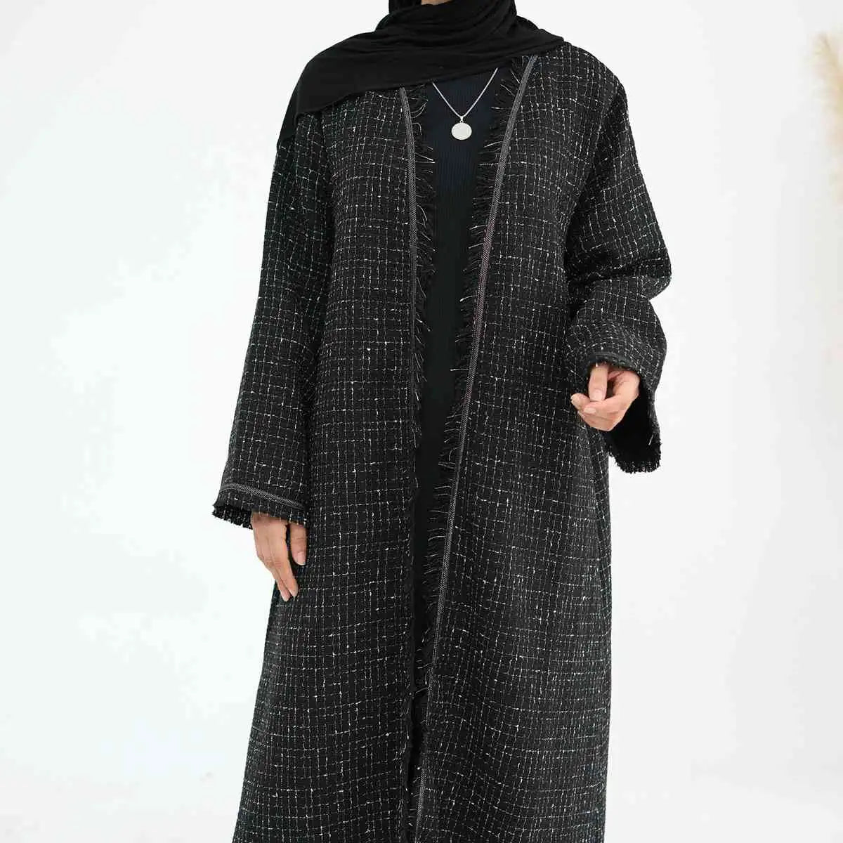 Cardigan en tweed épais à pompons pour l'hiver et l'automne, manteau ouvert Abaya
