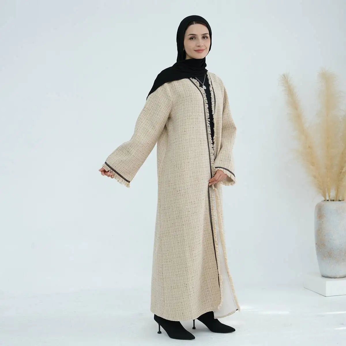 Cardigan en tweed épais à pompons pour l'hiver et l'automne, manteau ouvert Abaya